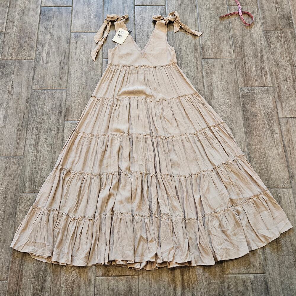 Love Bonito Dress Womens XS US 2 Tiered Maxi Bow Ribbon V Neck Nude Cream NEW - Picture 5 of 10